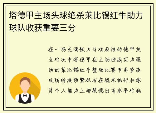 塔德甲主场头球绝杀莱比锡红牛助力球队收获重要三分